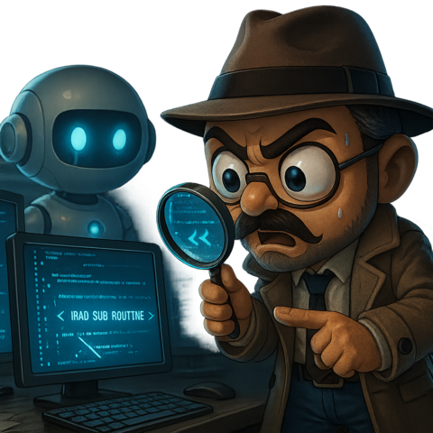 The author's avatar character investigates a suspicious AI assistant, uncovering hidden code while the robot continues its facade
