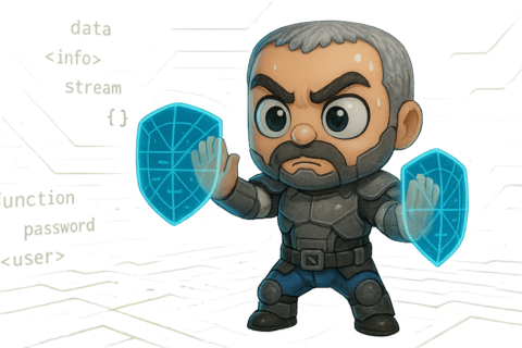 The author's avatar character actively guards against data leaks, creating energy barriers to protect proprietary code