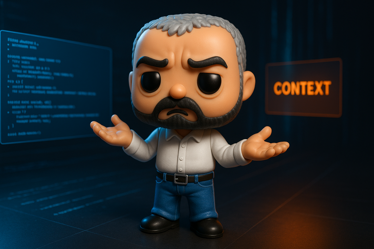 Developer choosing between code and context in a futuristic coding studio