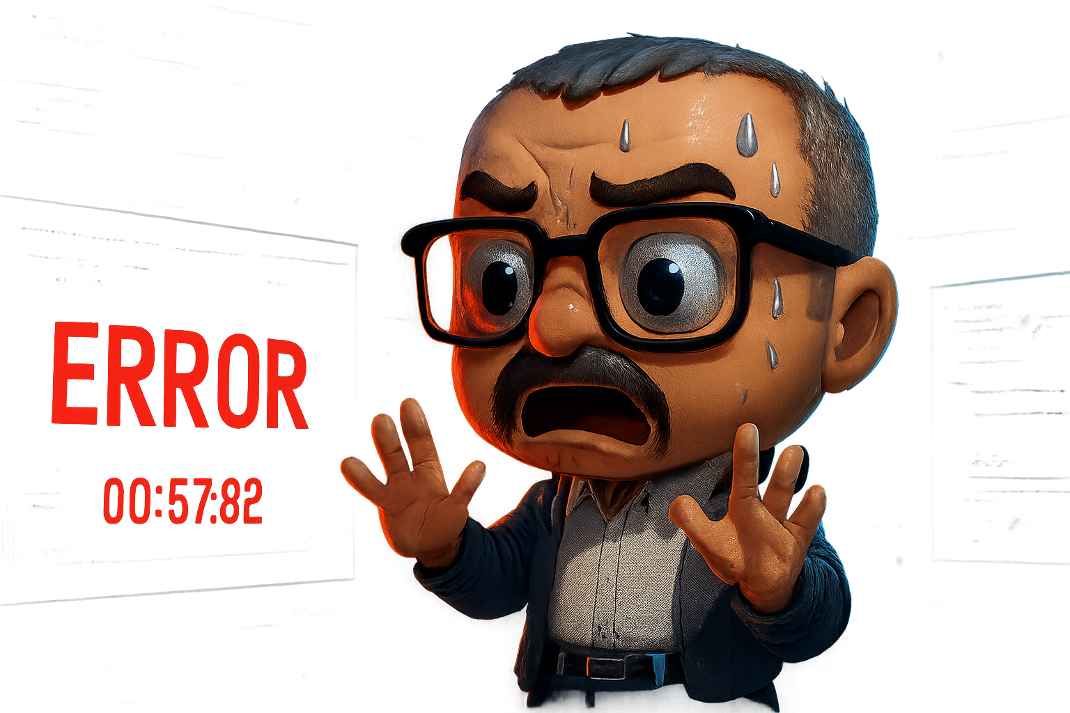El avatar del autor reacciona con auténtico horror al descubrir peligros ocultos en código generado por IA, rodeado de pantallas holográficas brillantes