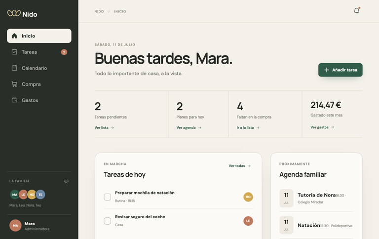 Nido's home screen: a warm dashboard with a greeting, task, shopping and spending metrics, and a family agenda, delivered by the Codex app in ten minutes.