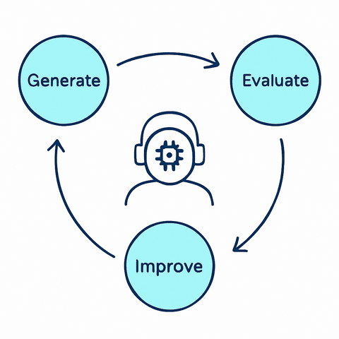 Agentic Feedback Loop pattern: circular design where AI system outputs are analyzed, with user feedback flowing back into the system to continuously improve performance