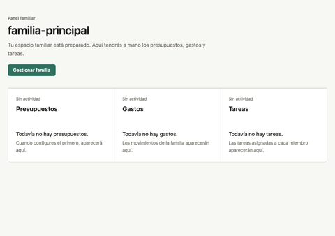 The family manager on first run: an empty dashboard with budgets, expenses and tasks at zero, ready to create a family