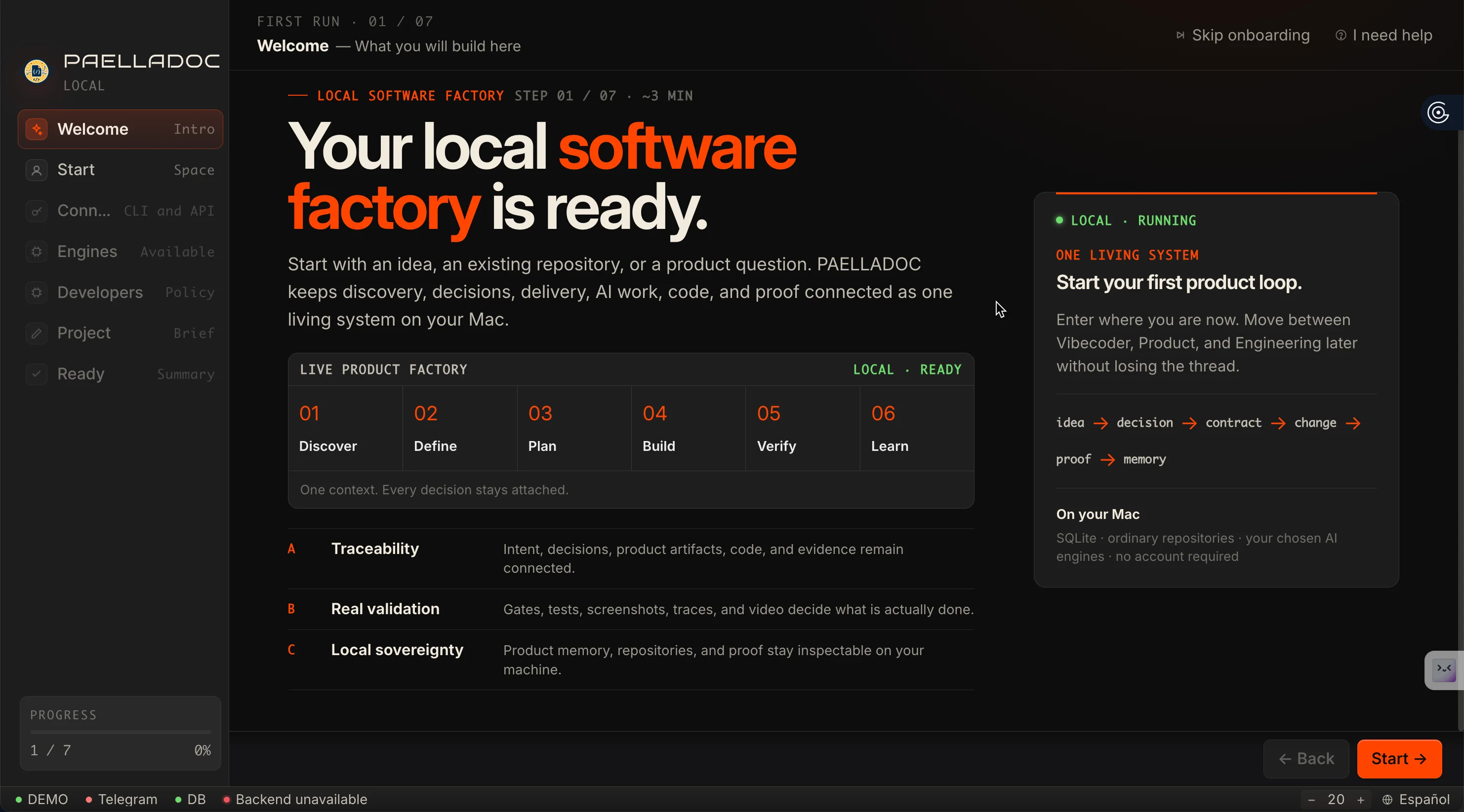 PAELLADOC first-run welcome screen introducing the local software factory