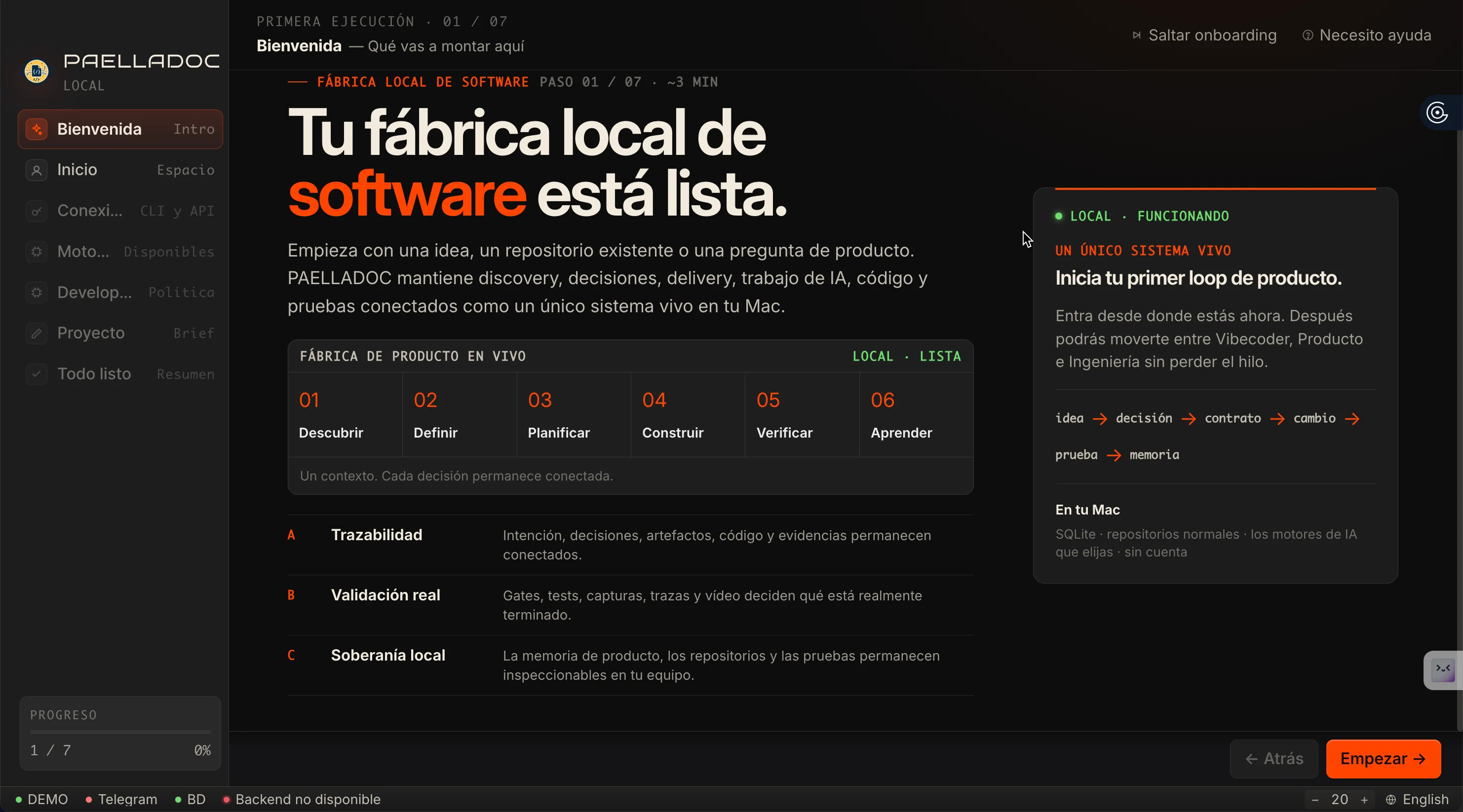 Pantalla de bienvenida de la primera ejecución de PAELLADOC presentando la fábrica local de software