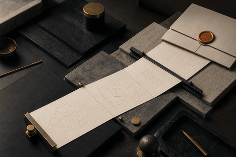 Una especificación de software continua sobre papel cruza varias superficies de trabajo y termina en una carpeta sellada de verificación; representa un contrato portable entre herramientas.