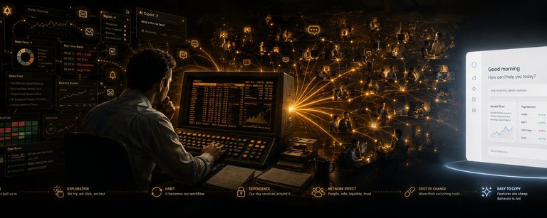 Un trader frente a un terminal ámbar tipo Bloomberg conectado a una red de profesionales y a un copiloto de IA. De la exploración al hábito, a la dependencia, al efecto red y al coste de cambio: las features son baratas de copiar, el comportamiento no.