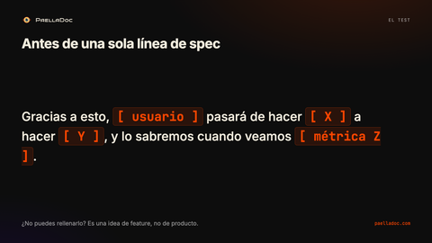 El test: gracias a esto, tal usuario pasará de hacer X a hacer Y, y lo sabremos cuando veamos la métrica Z.
