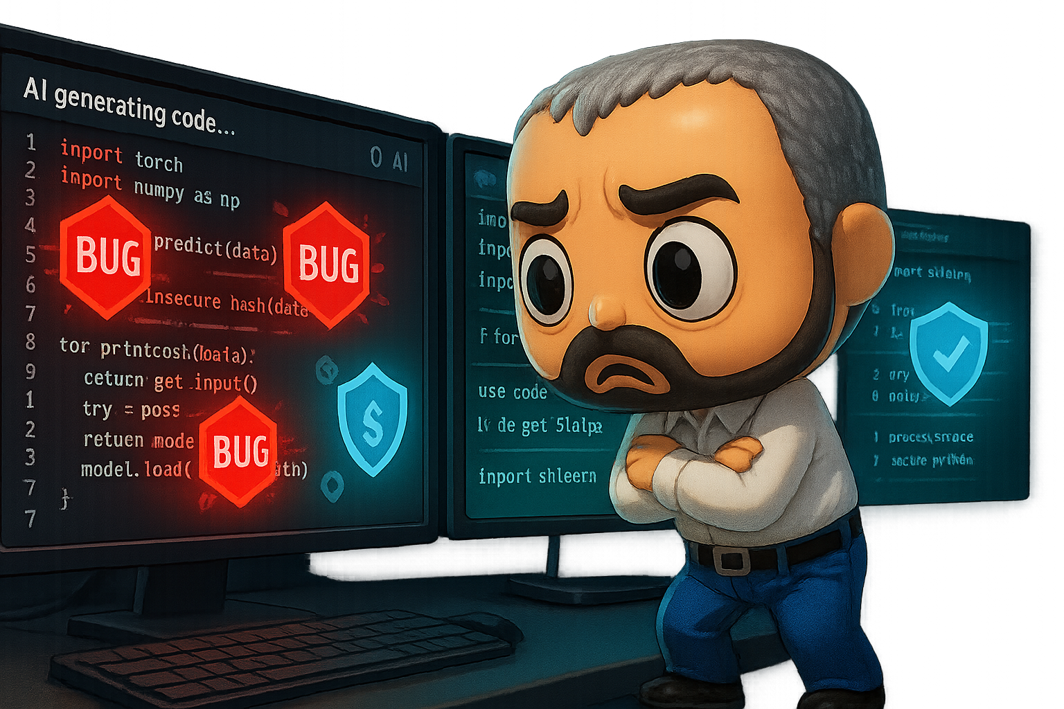 Desarrollador identificando vulnerabilidades de seguridad en código generado por IA con escudos de protección de Snyk emergiendo para proteger la aplicación
