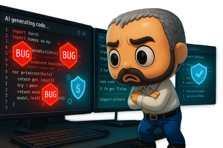Developer identifying security vulnerabilities in AI-generated code with Snyk protection shields emerging to secure the application