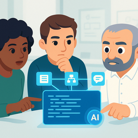 Illustration of diverse developers collaborating around a screen showing AI-generated code linked to its context, discussing and reviewing it.