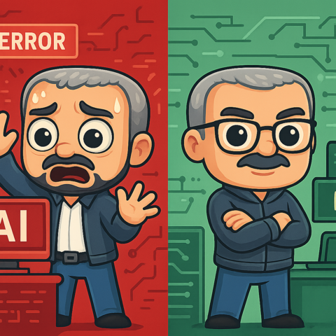 Split image showing the author's avatar character struggling with chaotic AI integration versus confidently managing a structured, secure AI system