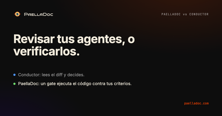 PaellaDoc vs Conductor: los dos corren agentes en paralelo en tu Mac. Conductor decide hecho cuando revisas el diff. PaellaDoc decide hecho cuando un gate ejecuta el código contra tus criterios de aceptación.